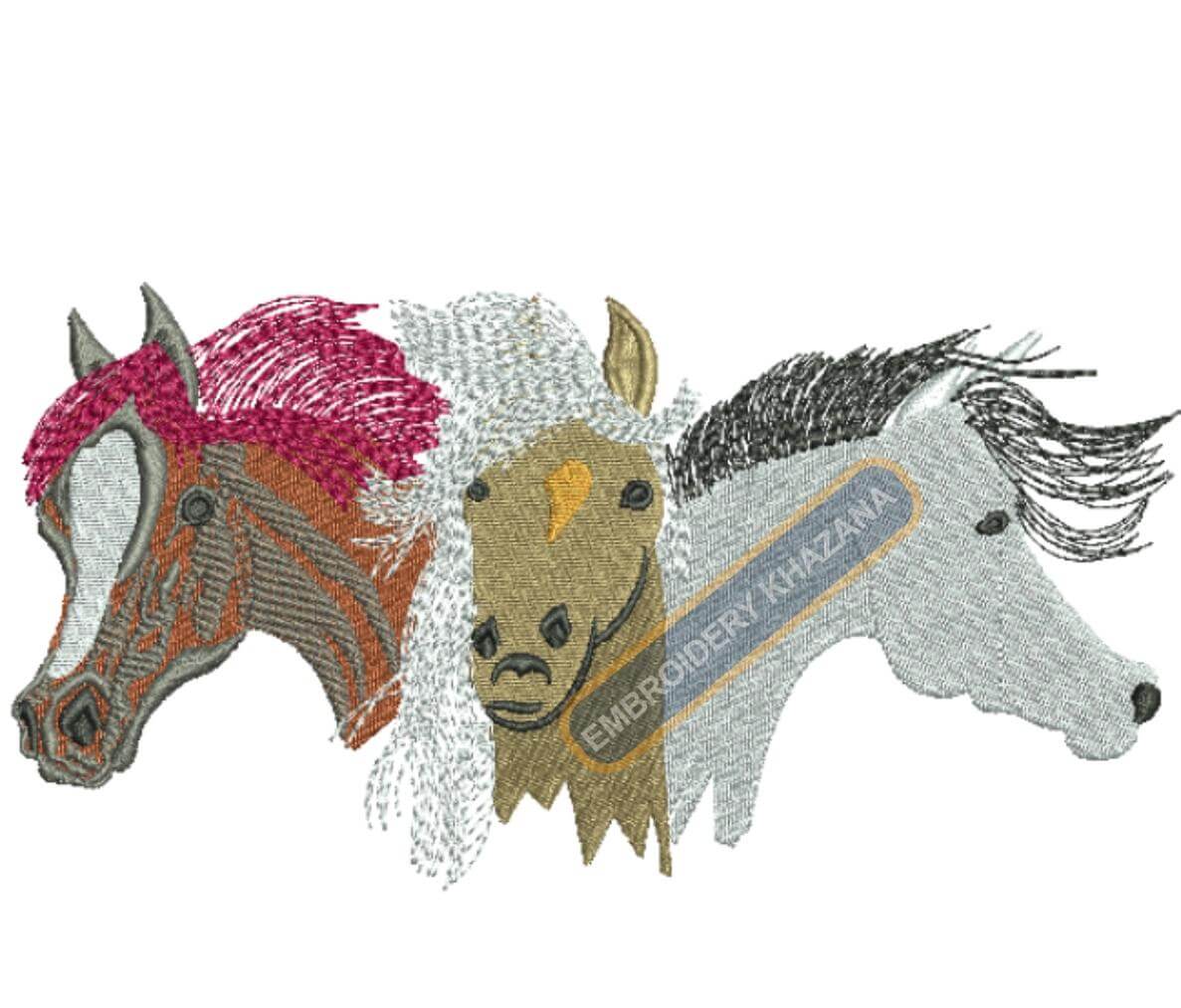 Three Horse Face Embroidery Design