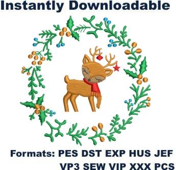 Christmas Deer Wreath Embroidery Designs