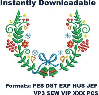 Christmas Bells with Pine Branchs Embroidery Designs
