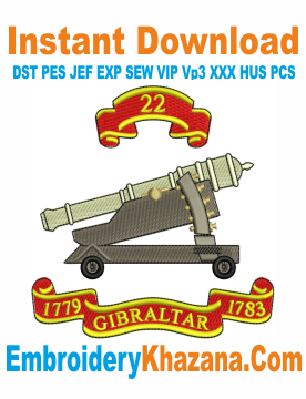 22 Gibraltar Logo 1779 to 1783 Embroidery Design, Battery Royal Artillery Embroidery Files Instant Download