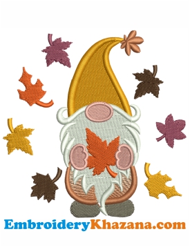 Autumn Gnome With Autumn Leaves Embroidery Design