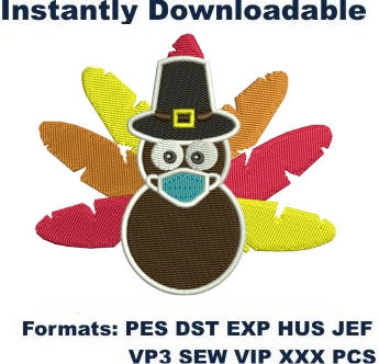 Thanksgiving Turkey Wearing Hat And Mask Embroidery Designs