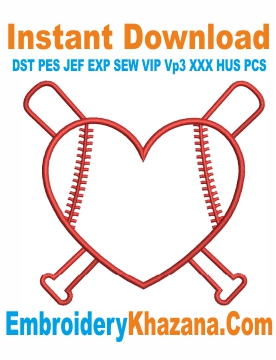 Baseball Heart Cross Bat Embroidery Design