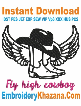 Cowboy Boots Wings Embroidery Design