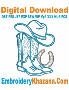Cowboy Boots and Western Hat in Horseshoe Embroidery File