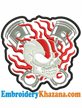 Flaming Skull Pistons Embroidery Design