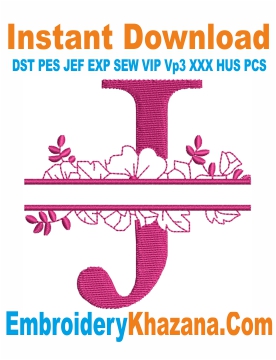 Floral Split Monogram J Embroidery Design