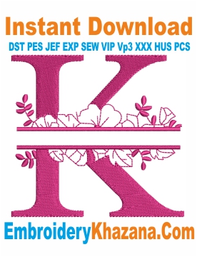 Floral Split Monogram K Embroidery Design