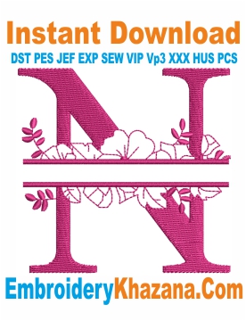 Floral Split Monogram N Embroidery Design