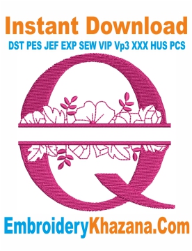 Floral Split Monogram Q Embroidery Design