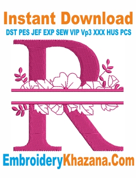 Floral Split Monogram R Embroidery Design