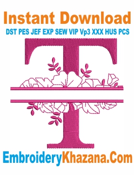 Floral Split Monogram T Embroidery Design