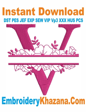 Floral Split Monogram V Embroidery Design