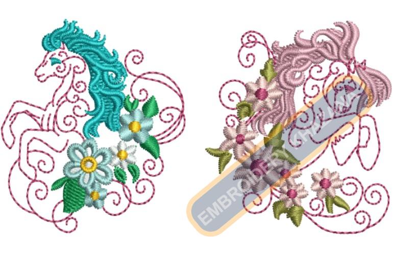 Horse Flower Embroidery Design