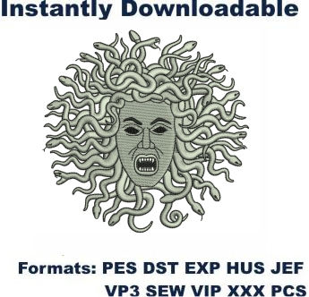 Medusa face with snakes embroidery design