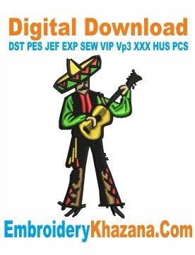 Mexican Musician Playing Guitar Embroidery Design