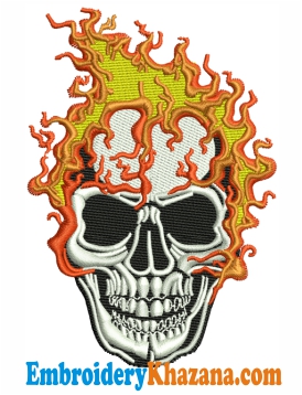 Skull on Fire Flame Embroidery Design