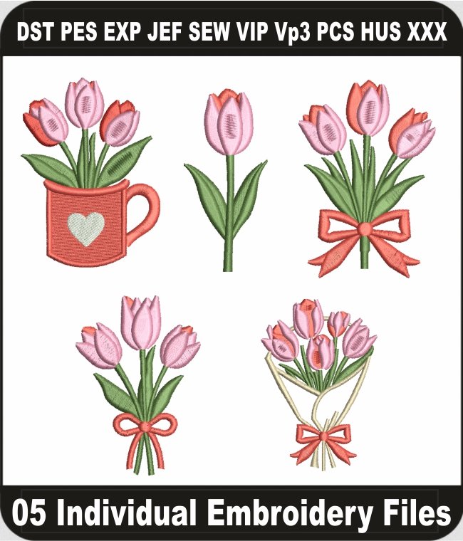 Tulip Flowers Embroidery Designs Bundle