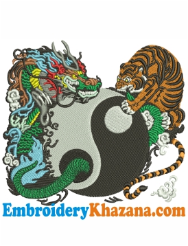 Yin Yang Symbol Dragon Tiger Fight Embroidery Design