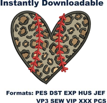leopard baseball heart embroidery design