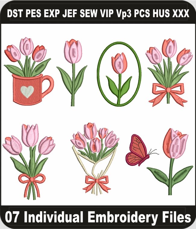 Tulip Flowers Embroidery Designs Bundle